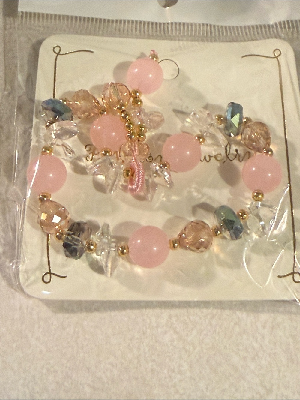 Delicate Pink Beaded Bracelet Set with Gold Accents